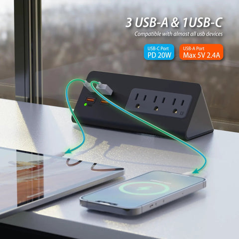 Desk Edge Clamp Power Strip With 15A 1875W Load USB C PD 30W Port 3 AC Outlets And 4 Fast Charging USB Ports charging phone on desk
