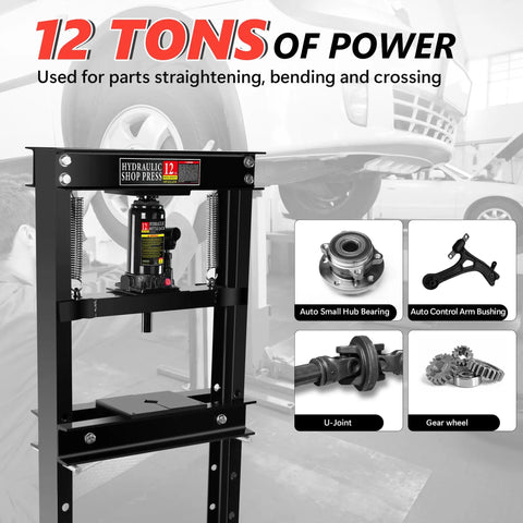 12 Ton H Frame Hydraulic Shop Press for Garage Floor Use With Adjustable Bed and Stamping Plates to Bend Straighten Or Press Parts