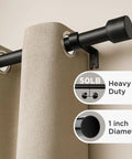 Heavy Duty Adjustable Curtain Rods For Windows 32 To 120 Inches Black 1 Inch Diameter Built To Last Sturdy Rods For Bedroom Kitchen And Sliding Glass Doors Easy Install Brackets Included close-up on curtain with rod and bracket details