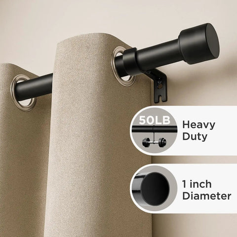 Heavy Duty Adjustable Curtain Rods For Windows 32 To 120 Inches Black 1 Inch Diameter Built To Last Sturdy Rods For Bedroom Kitchen And Sliding Glass Doors Easy Install Brackets Included close-up on curtain with rod and bracket details