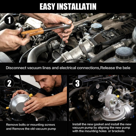 Vacuum pump with pulley for Isuzu NPR-HD; 3-panel install showing disconnect lines, remove old pump, install new pump.