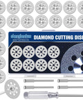 Slick Cut Twenty Piece Diamond Coated Cutting Wheels Compatible With Dremel Rotary Tools Ultra Thin Precision Slicing Discs set with tools.
