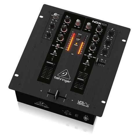 Nox101 Premium 2 Channel DJ Mixer with full VCA control and Ultraglide crossfader, top view showing controls and sliders.