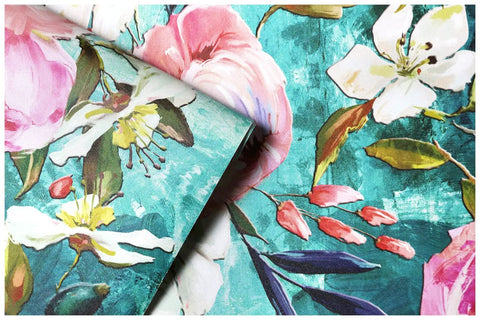 Easy Peel And Stick Floral Wallpaper Teal And Pink For Bedroom And Nursery Removable Textured Wall Cover showing floral detail.