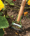 Mini Action Hoe Weeder For Easy Weeding And Cultivating Around Live Plants With Push Pull Motion Gel Grip Comfort Handle And Sturdy Wood Handle Garden Tool in use among flowers
