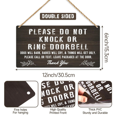 Please Do Not Ring Baby Sleeping Sign For Front Door Double Sided PVC Rustic Hanging Sign, dimensions 12x6 inch, product features.