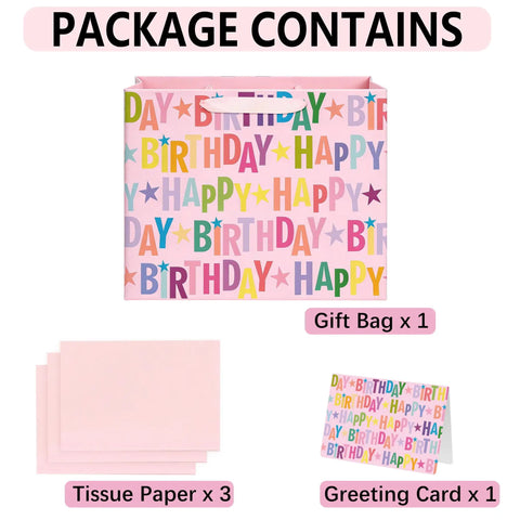13 Inch Pink Happy Birthday Gift Bag With Colorful Lettering Design Card Tissue Paper And Sturdy Handles For Kids And Adults Birthday Parties