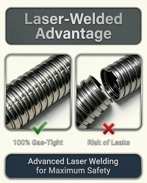 Comparison of laser-welded and non-welded flexible stainless steel exhaust tubing highlighting gas-tight and leak risk features.