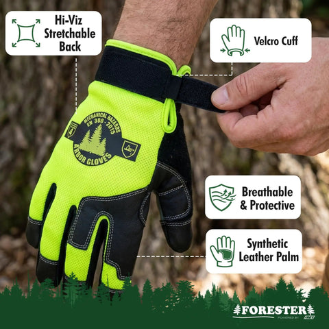 Hi Vis Rope Climbing Gloves For Arborist Work With Anti Slip Grip For Tree Climbing Chainsaw Safety And Rescue Tasks Cut Level 4 Protection Large Size, shown with velcro cuff and synthetic leather palm.