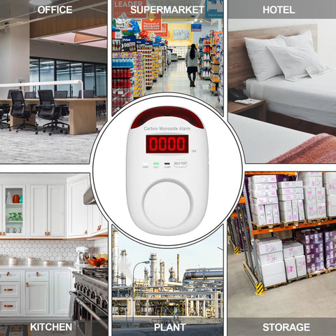 Three Pack Carbon Monoxide Detectors Plug In CO Alarm With Digital Display For Home Kitchen Hotel Bedroom White Accurate Readout Easy To Use Quick Plug In Safety Monitors in various locations like office, supermarket, and hotel.