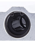 Close-up of SCS linear bearing in a gray aluminum housing; black circular bore and inner components visible.