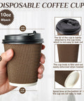 Hand holding 80 Pack 10 Oz Insulated Paper Coffee Cups With Lids And Straws Ripple Wall Three Layer Brown Hot Beverage Cups