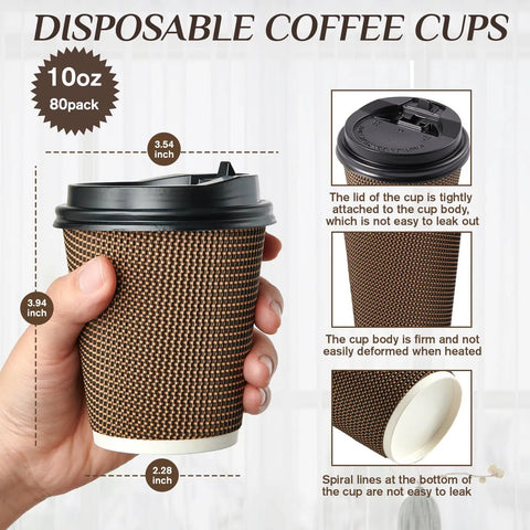 80 Pack 10 Oz Insulated Paper Coffee Cups With Lids And Straws Ripple Wall  Three Layer Brown Hot Beverage Cups For Parties Picnics Travel And Office  ...
