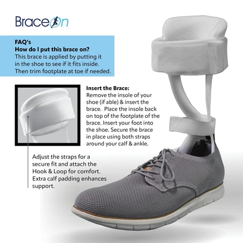 Drop Foot Stabilizer AFO Brace For Easy Confident Walking Lightweight Breathable Ankle Support shown with shoe insertion guide