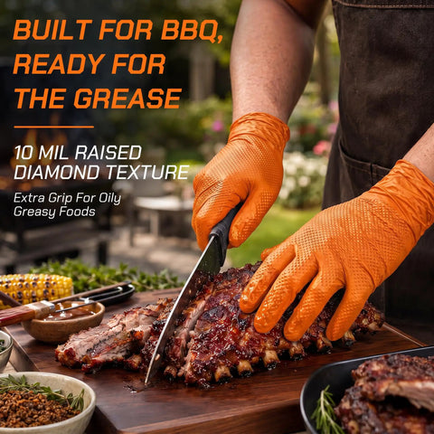 Heavy Duty 10 Mil Orange Nitrile Gloves With Raised Diamond Grip, Disposable Latex Free Work Gloves Built Tough For The Daily Grind, Extra Large Fit, 1000 Count used for BBQ, slicing meat with added grip.