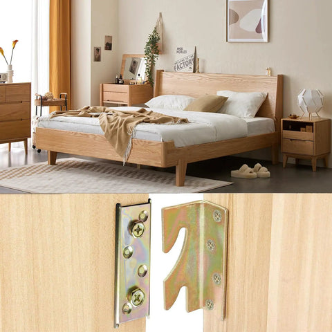 Heavy Duty Bed Rail Brackets With Mounting Screws Built Tough Rock Solid Galvanized Steel Hardware beside a wooden bed frame.