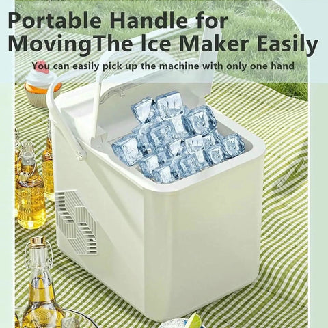 Electric Countertop Ice Maker Featuring Self Cleaning Tech And Rapid Bullet Cube Production In Just Six Minutes With A Nifty 12 Kilogram Daily Output That Slams On Any Counter Comes Packed With A Scoop And Basket For Dope Home Bartending Sessions - Portable handle for easy movement with ice cubes visible.