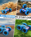 Remote Control Car For Kids Ages Six To Twelve 4WD Stunt RC Car with LED Lights on Various Terrain showcasing 360 Degree Flips