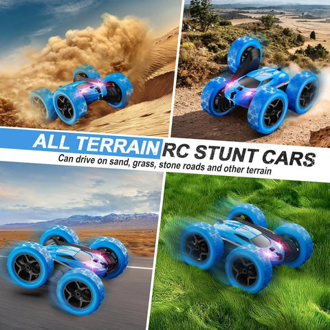 Remote Control Car For Kids Ages Six To Twelve 4WD Stunt RC Car with LED Lights on Various Terrain showcasing 360 Degree Flips