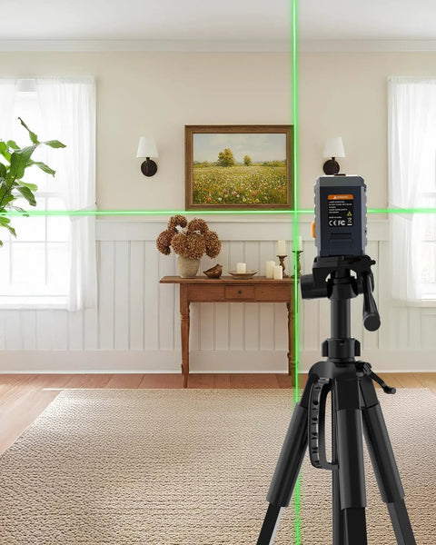 100 Foot Green Line Laser Level With Magnetic Bracket Self Leveling And Pulse Modes set up in living room for wall alignment