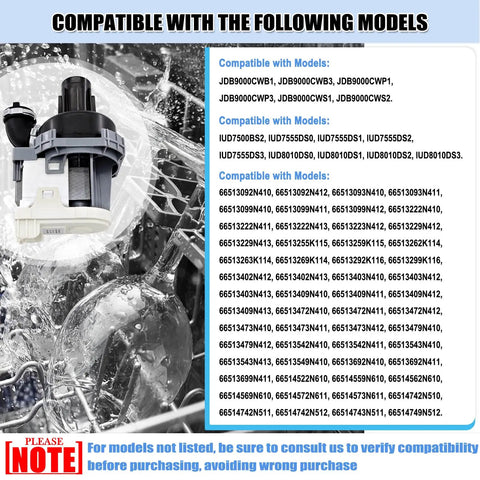 Dishwasher Circulation Pump Motor Assembly Replacement Parts Fits W10529163 W10885542 W10864037 W10816492 With Plug And Play Install And Reliable Performance For Most Models, shown with compatible model list