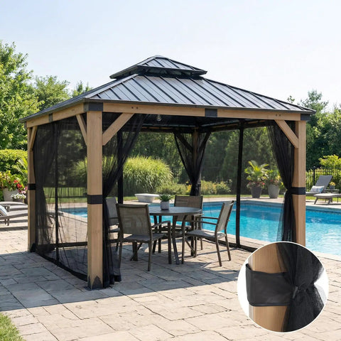 10x10 Gazebo Replacement Mesh Netting, Durable Polyester Screen With 4-Panel Sidewalls And Double Zippers, Backyard Ready Bug Barrier For Patio And Outdoor Netting Only Canopy And Frame Not Included