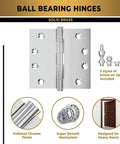 Solid Brass Chrome Door Hinge Heavy Duty Ball Bearing For Slammin Doors 4.5 By 4.5 Inch With Decorative Screw On Tips Included
