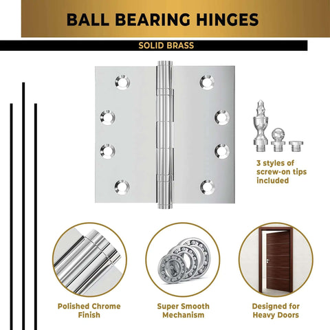 Solid Brass Chrome Door Hinge Heavy Duty Ball Bearing For Slammin Doors 4.5 By 4.5 Inch With Decorative Screw On Tips Included