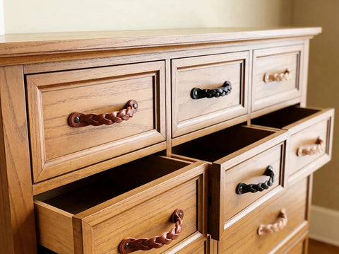 Wooden dresser with braided cognac leather drawer pulls, 6-1/2 x 1 inch, from Leather Drawer Pulls Braided Cognac Finish Set Of 12.