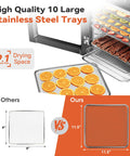 Heavy Duty Electric Food Dehydrator Featuring Ten Stainless Steel Trays And Ten Smart Presets showing large trays with beef jerky and fruit slices.