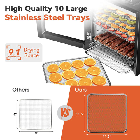 Heavy Duty Electric Food Dehydrator Featuring Ten Stainless Steel Trays And Ten Smart Presets showing large trays with beef jerky and fruit slices.