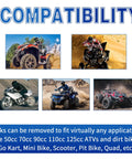 Five images showing ATVs, dirt bikes demonstrating compatibility for 525 X Ring Chain With Chain Breaker Kit, 110 Links With Master Link.