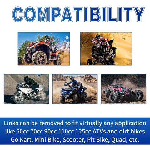 Five images showing ATVs, dirt bikes demonstrating compatibility for 525 X Ring Chain With Chain Breaker Kit, 110 Links With Master Link.