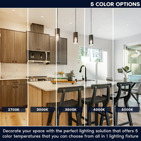 Real Deal 4 Inch Canless Recessed LED Lights Featuring Quick Dial 5 Cct Color options displayed in modern kitchen setting.
