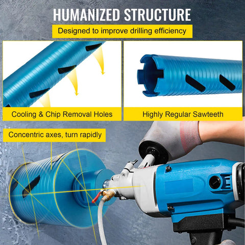 Diamond Dry Core Drill Bit Kit With Pilot Bit And 4.5 Inch Blade showing features like cooling holes and regular sawteeth
