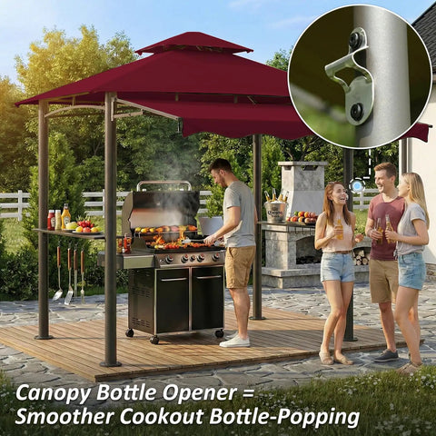 8x8 Ft Grill Gazebo With Extra Large Adjustable Awning 2 Side Shelves 6 Hooks BBQ Shelter For Patio and Backyard in use
