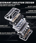 Premium Zinc Alloy Magnetic Fidget Slider Featuring Hollow Cyberpunk Design And Buttery Smooth Sliding Action For Top Tier Stress Relief And Solid EDC Pocket Comfort disassembled view showcasing components like alloy casing, tuning forks, and strong magnets.