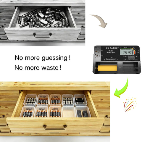 Straight Shooting Battery Tester For AA AAA C D And 9V Household Cells With Precise Digital Voltage Readings showing battery organization in a wooden drawer.
