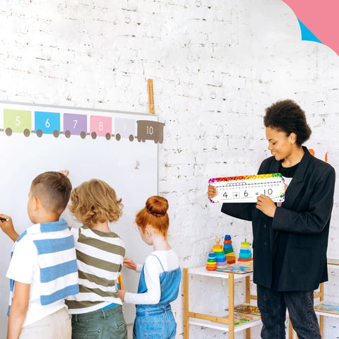 Teacher using Number Line Dry Erase Boards Set With Double Sided Writable 0 To 10 On One Side And 0 To 20 with students in classroom