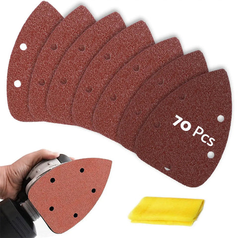 Mouse Sander Sandpaper Kit 70Pcs Of 7 Grits 40 60 80 100 150 240 320 With Tack Cloth For Wood Metal Fiberglass And Painted Surfaces Detail Sanding Pads And Ryobi Sander Replacement Pad Compatible