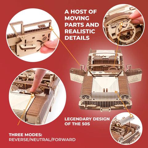 Groovy Retro Wooden 3D Puzzle Featuring Killer Rubber Band Powered Mechanical Model Car Kit With Working V8 Engine Pistons Openable Doors And Sick Diy Craft Build For Adults showing detailed moving parts.