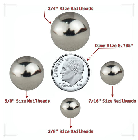 High Quality Matt Black Upholstery Nails And Vintage Decorative Tacks 100 Piece Pack with various nailhead sizes next to a dime for comparison.
