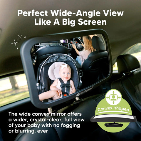 Wide 360 Degree Crystal Clear Baby Car Seat Mirror For Rear Facing Seats showing a baby and driver view, matte black travel