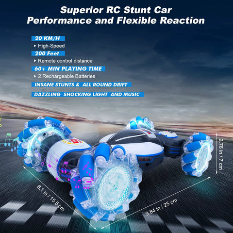 Fosgoit Gesture Sensing RC stunt car, blue/white 4WD remote-controlled with LED lights