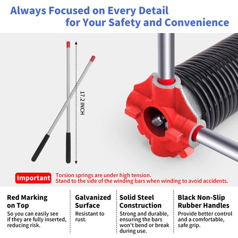 Heavy-Duty Garage Door Torsion Springs Set 225-2-25 with winding bars and red marking for safety details