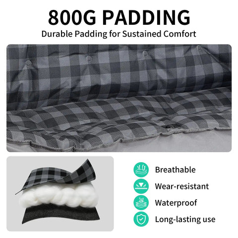 Close-up of Beast Mode Double Camping Chair's 800g padding, durable grey checkered fabric for comfort.