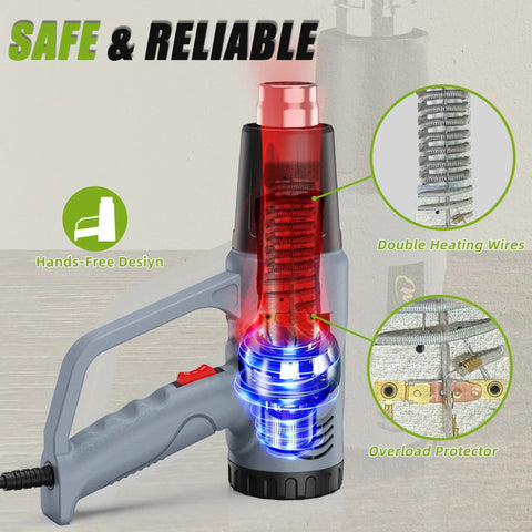 Powerful Heat Gun With 10 Foot Cord For DIY Projects, Dual Temperature 572 And 1112 F, showing internal heating elements and overload protection
