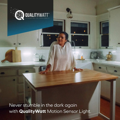 Woman in kitchen with Battery Powered LED Motion Sensor Lights 4 Pack For Closet Under Cabinet Hallway And Night Use With Auto On