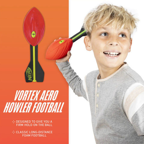 Child holding Vortex Aero Howler Foam Football with Mega Distance Passes Flight Tail for Long Throws Whistling Roar in Flight