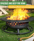 36 Inch Round Metal Fire Pit With Grill for outdoor yards and patios, 3 in 1 wood burning fire pit table with flames
